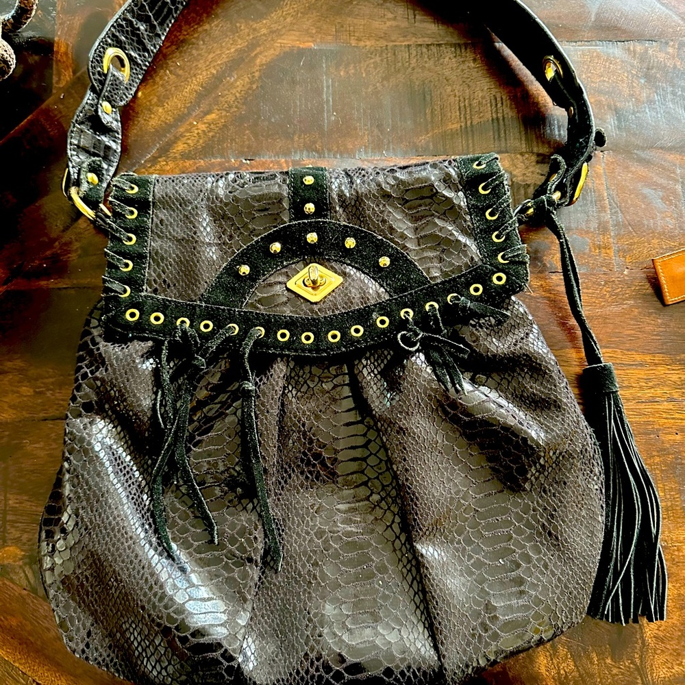 Black Boho Faux Snakeskin, by Carlos - w/Fringe, gold rivets/latch. A+ shape.